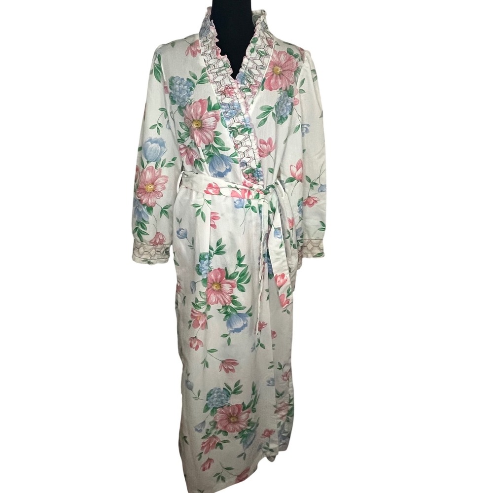 Vtg 60s Evelyn Pearson White Floral Pink‎ Blue Full Length Robe Smocked collar